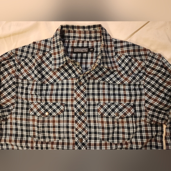 Dakota men's small blue plaid flannel western long sleeve snap fasten shirt - Picture 4 of 8